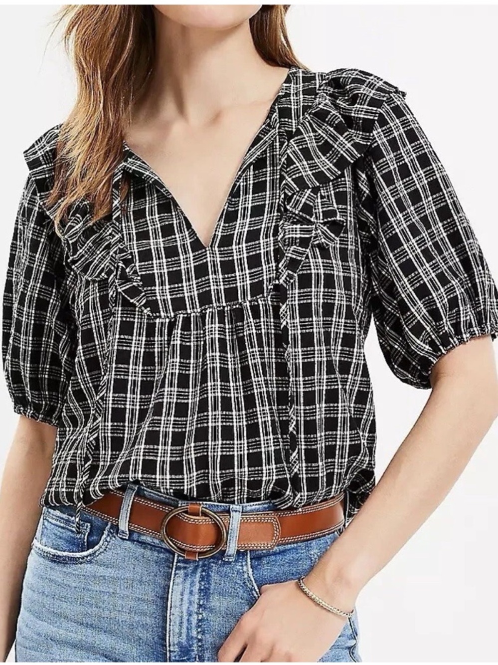 LOFT Plaid Ruffle Bib Tie Neck Blouse in Blk & Wht Size Small